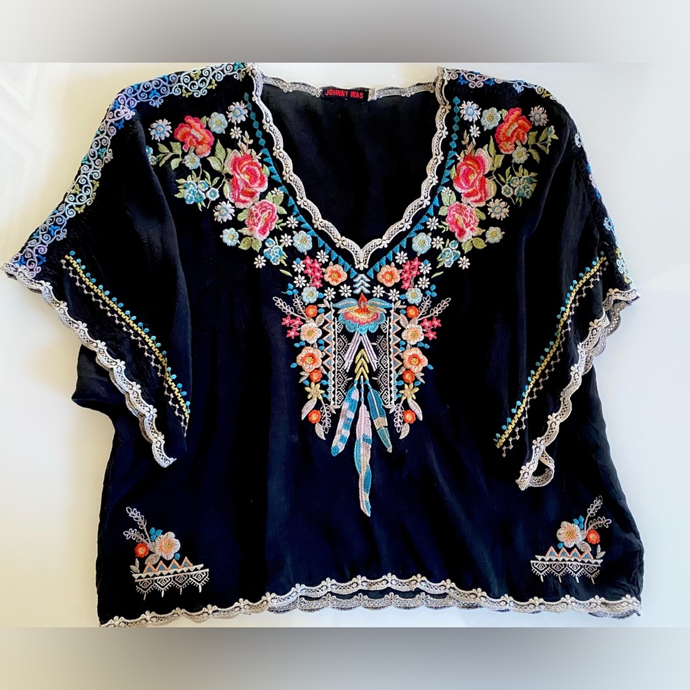 Johnny Was Klarah Print Blouse Embroidered Floral Top Size XS, runs big